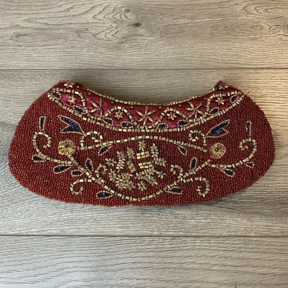 Beaded Purse Clutch Burgundy Satin Copper Gold Color Beads Zip Close, Strap Vtg - Picture 1 of 10
